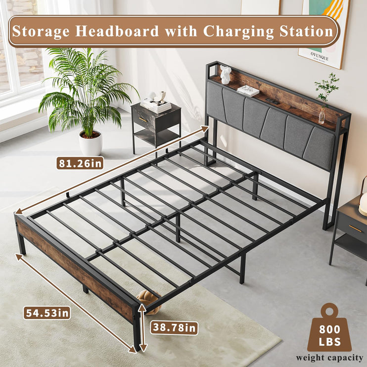 Full Size Bed Frame with Headboard & Charging Station, Full Upholstered Headboard with Storage Shelf, Heavy Duty Metal Platform Bed Frame, No Box Spring Needed, Easy Assembly