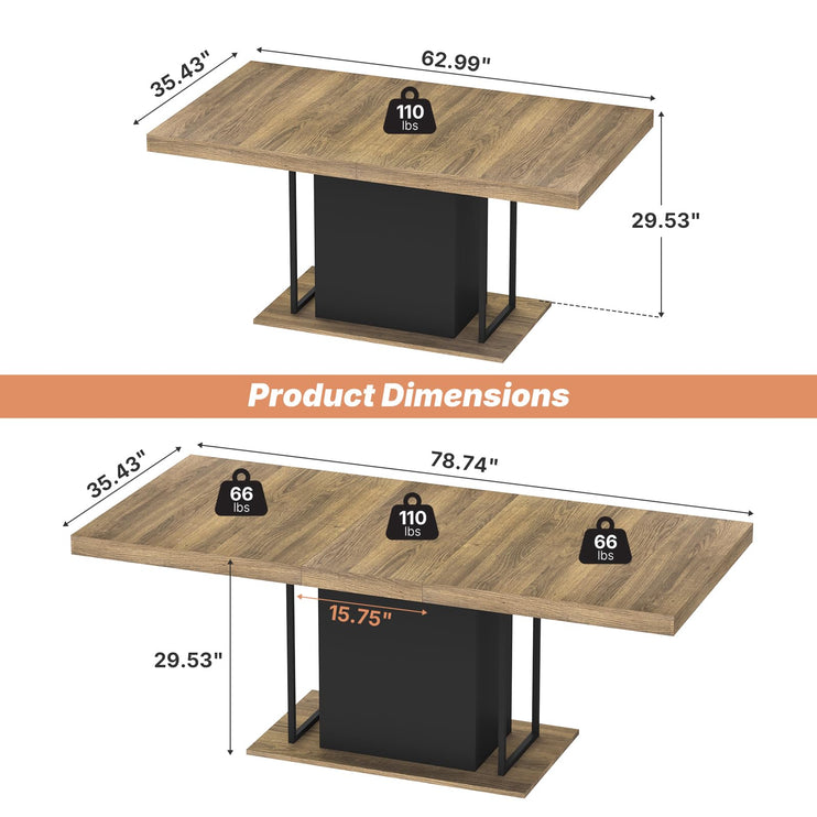 63"-78.7" Expandable Dining Tables, 6-10 Farmhouse Kitchen Table, Extendable Dining Room Table, Rectangular Thick Top with Metal Track, Central Column Base for Living Room, Office-Brown