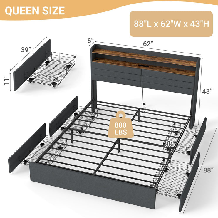Queen Bed Frame with 4 Storage Drawers, Queen Size Upholstered Bed Frame with Headboard, LED, Charging Station with USB Ports & AC Outlets, Sturdy Metal Slat Support, Noiseless, Gray