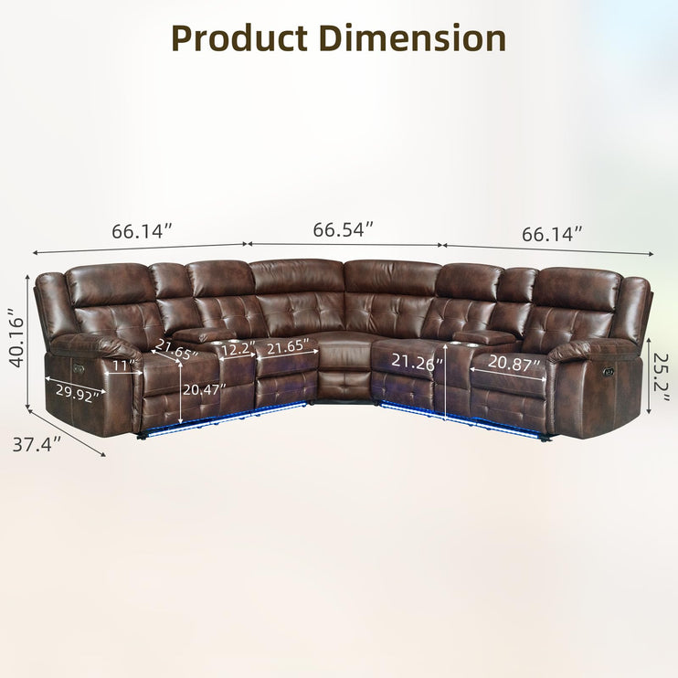 Power Leather Reclining Sofa with LED, Leather Couch with USB Port & Cup Holder/Storage Console for Living Room, Modern Power Recliner Sofa Sets with 2 Recliner Sectional, Brown
