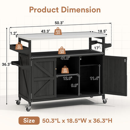 Outdoor Grill Cart, Stainless Steel Tabletop Outdoor Kitchen Island, Solid Wood Outdoor Buffet Cabinet with Lockable Wheels for Grilling, Black