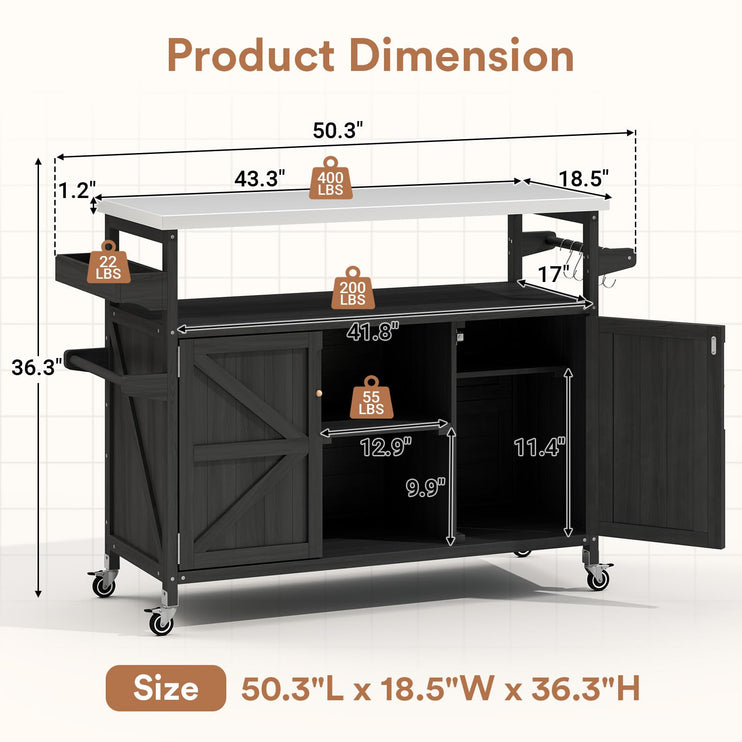 Outdoor Grill Cart, Stainless Steel Tabletop Outdoor Kitchen Island, Solid Wood Outdoor Buffet Cabinet with Lockable Wheels for Grilling, Black