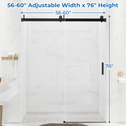56-60'' W x 76 '' H Shower Doors, Frameless Single Sliding Doors, Walk in Shower Doors with 3/8" (10 mm) Tempered Glass, Stainless Steel Handles, Matte Black
