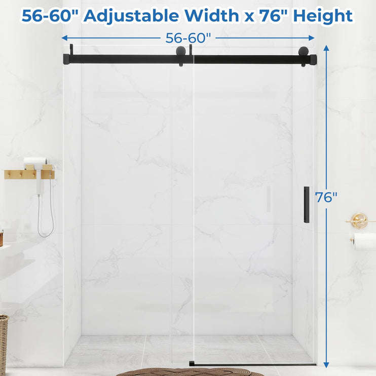 56-60'' W x 76 '' H Shower Doors, Frameless Single Sliding Doors, Walk in Shower Doors with 3/8" (10 mm) Tempered Glass, Stainless Steel Handles, Matte Black