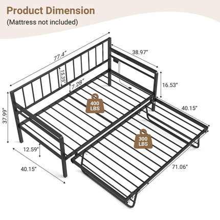 Twin Daybed with Pop Up Trundle, Metal Day Bed Frame with LED Lights and Charging Station, Day Bed with Trundle Bed Twin, Black Daybed for Living Room, Bedroom, Guest Room