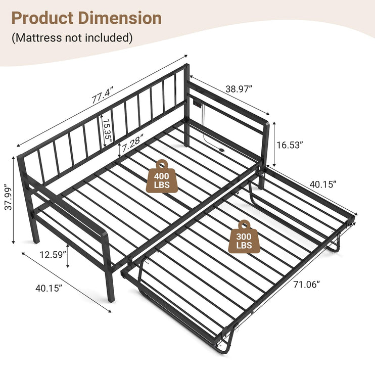 Twin Daybed with Pop Up Trundle, Metal Day Bed Frame with LED Lights and Charging Station, Day Bed with Trundle Bed Twin, Black Daybed for Living Room, Bedroom, Guest Room