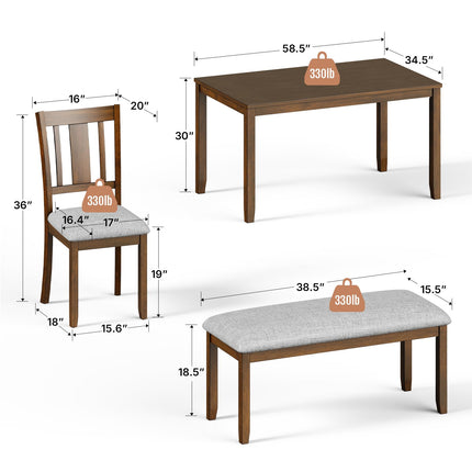 6-Piece Wooden Dining Set, Dining Table & Chair Set for 6, Includes Dining Table, 4 Upholstered Chairs & 1 Bench, Dining Table with Wood Legs, Table Set for Dining Room, Kitchen, Walnut
