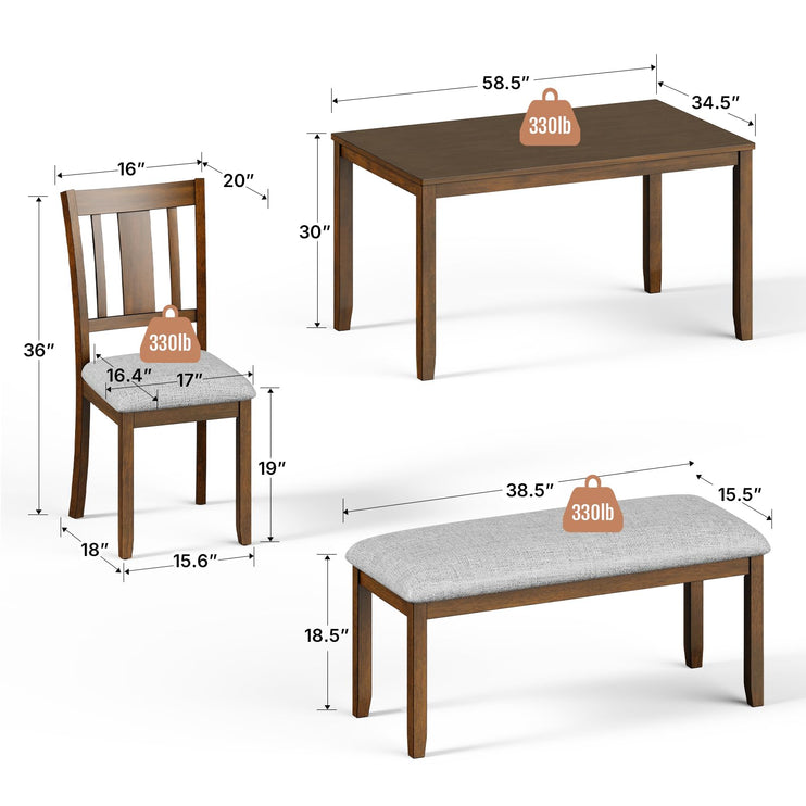 6-Piece Wooden Dining Set, Dining Table & Chair Set for 6, Includes Dining Table, 4 Upholstered Chairs & 1 Bench, Dining Table with Wood Legs, Table Set for Dining Room, Kitchen, Walnut