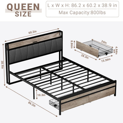 Queen Size Bed Frame with Charging Station, Storage Shelf Headboard with 2 USB Ports & 2 Power Outlets, Platform Bed Frame with 2 Drawers, No Box Spring Needed, Rustic Grey