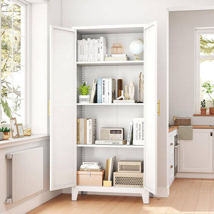 61" H Metal Kitchen Pantry Cabinet, Freestanding Cupboard with 2 Doors and 3 Adjustable Shelves, Tall Metal Storage Cabinet for Kitchen, Bathroom, Dinning Room or Laundry Room （White）