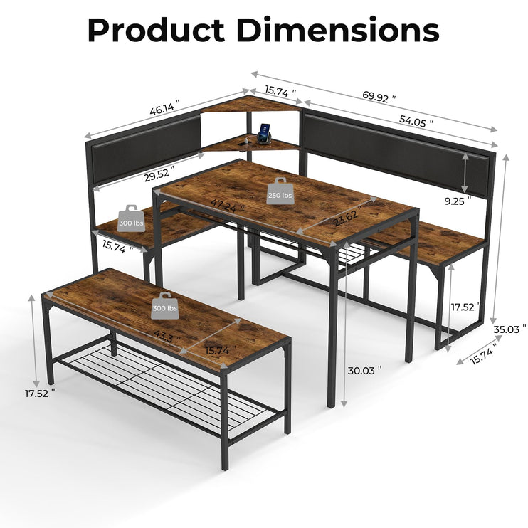 Corner Dining Table Set for 4-6, Breakfast Nook Table Set with Charging Port, Corner Kitchen Table with Storage & Bench, Farmhouse Corner Dining Table Set for Dining Room, Kitchen - Brown