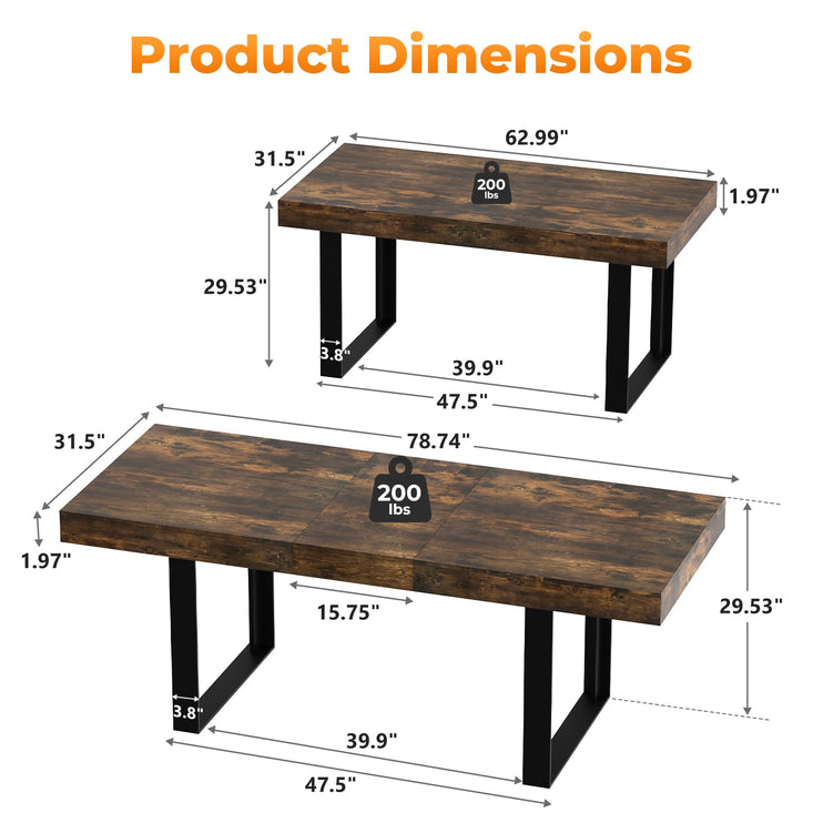 63"-78.7" Expandable Dining Table, 6-10 Farmhouse Kitchen Table, Extendable Dining Table, Rectangular Kitchen Table with Metal Track, Tapered U-Shaped Leg for Dining Room,Office-Rustic Brown