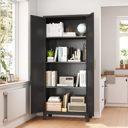 61" H Metal Kitchen Pantry Cabinet, Freestanding Cupboard with 2 Doors and 3 Adjustable Shelves, Tall Metal Storage Cabinet for Kitchen, Bathroom, Dinning Room or Laundry Room （Black）