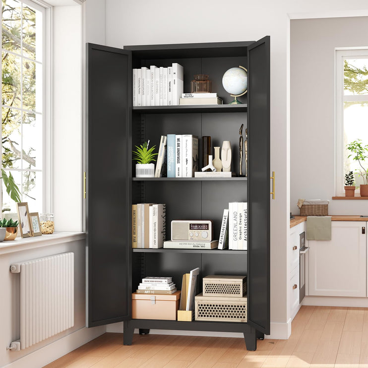61" H Metal Kitchen Pantry Cabinet, Freestanding Cupboard with 2 Doors and 3 Adjustable Shelves, Tall Metal Storage Cabinet for Kitchen, Bathroom, Dinning Room or Laundry Room （Black）