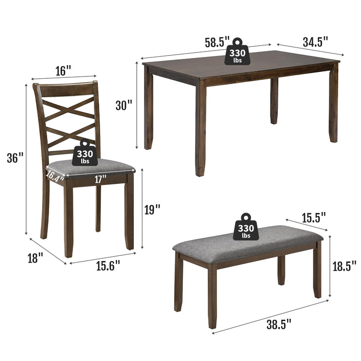 6-Piece Solid Wood Dining Table Set, Includes 1 Dining Table, 4 Upholstered Chairs and 1 Bench, Wooden Legs Dining Table Set for Dining Room, Kitchen, Restaurant, Walnut