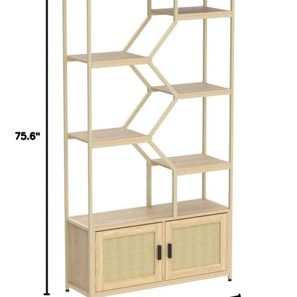 7 Tier Tall Rattan Bookshelf - Modern Open Display Book Shelf & Bottom Cabinet with Door for CDs/Movies/Books, Large Wood Book Case Storage Organizer for Bedroom Home Office Living Room