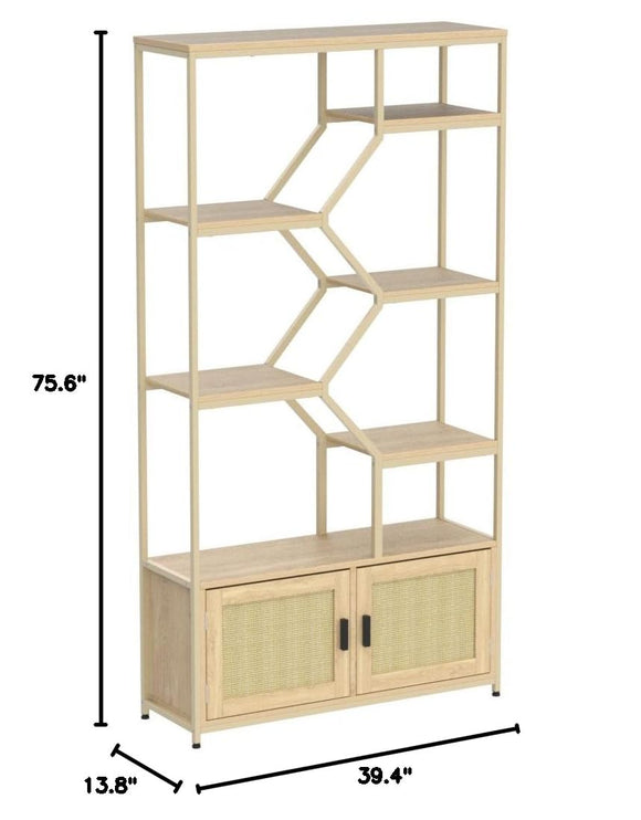 7 Tier Tall Rattan Bookshelf - Modern Open Display Book Shelf & Bottom Cabinet with Door for CDs/Movies/Books, Large Wood Book Case Storage Organizer for Bedroom Home Office Living Room