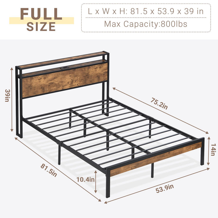 Full Size Bed Frame with Headboard, Headboard with Charging Station, 2 USB Port & 2 AC Power Outlet, Full Metal Platfrom Bed Frames No Box Spring Needed, Sturdy & Assembly, Brown