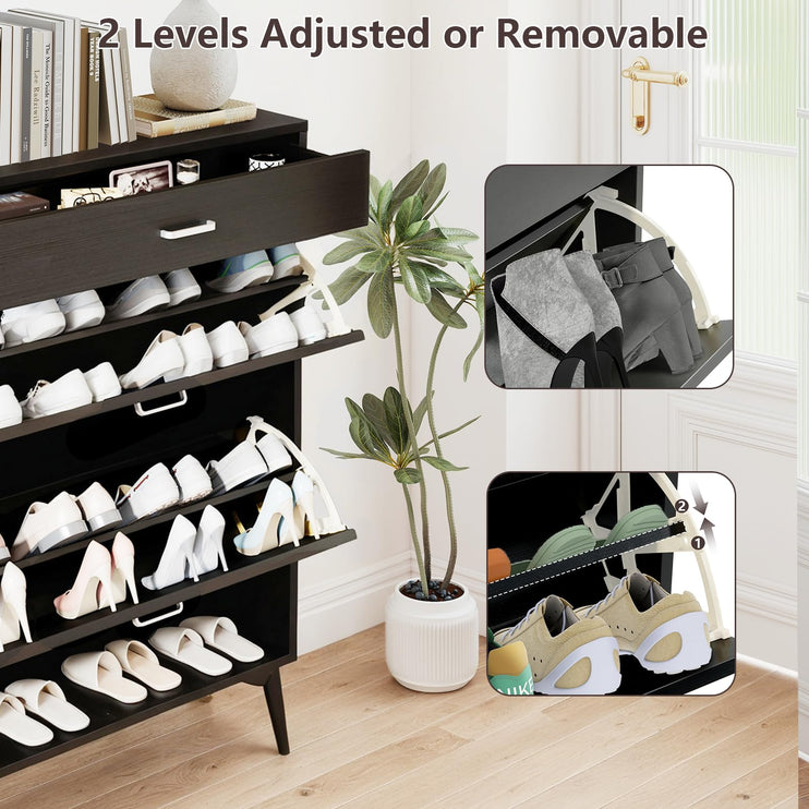 Black Shoe Cabinet with 2 Flip Drawers, Freestanding Shoe Storage Cabinet with Adjustable Shelf, Metal Legs for Entryway Hallway