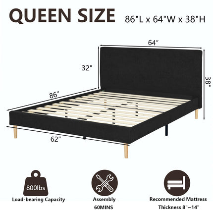 Upholstered Bed Frame Full/Queen/King, Velvet Upholstered Bed Frame with Headboard, Mattress Foundation with Sturdy Wooden Slats, No Box Spring Needed, No Noise, Black