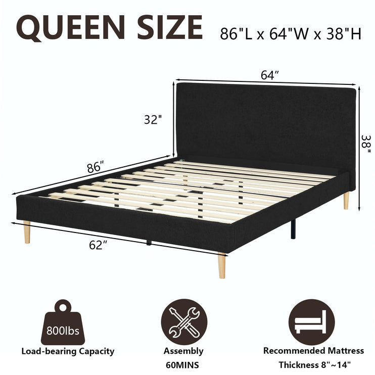 Upholstered Bed Frame Full/Queen/King, Velvet Upholstered Bed Frame with Headboard, Mattress Foundation with Sturdy Wooden Slats, No Box Spring Needed, No Noise, Black