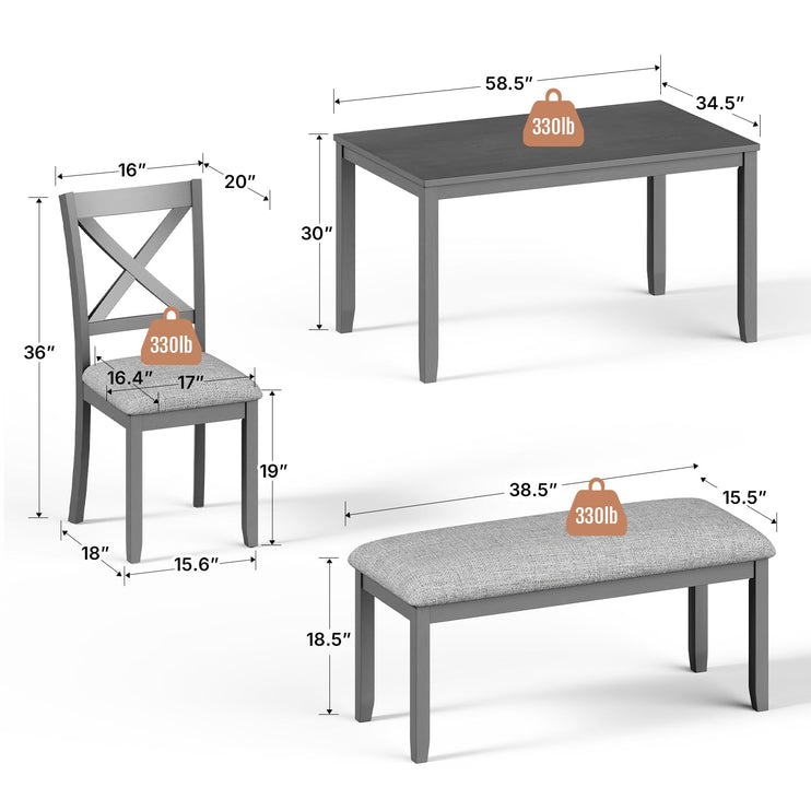 6-Piece Wooden Dining Table Set, Dining Table Set for 6, Including 1 Dining Table, 4 Upholstered Chairs and 1 Bench, Wooden Legs Dining Table, Table Set for Dining Room, Grey