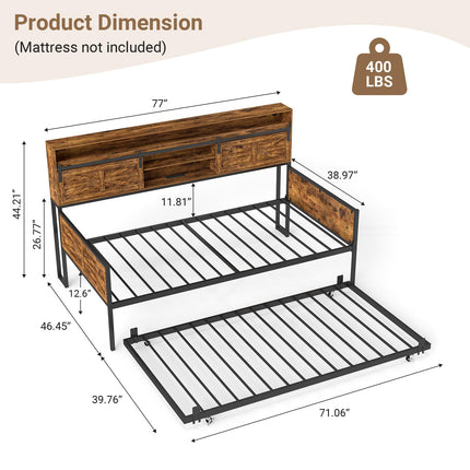 Twin Daybed with Trundle Bed, Rustic Farmhouse Daybed Frame with Sliding Barn Door Headboard LED Lights and Charging Station, Heavy Duty Metal Daybed for Bedroom Living Room Guest Room Brown