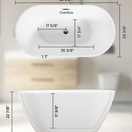 55" Sleek White Acrylic Freestanding Bathtub, Soaking Tub with Brushed Chrome Overflow and Drain