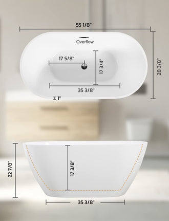 55" Sleek White Acrylic Freestanding Bathtub, Soaking Tub with Brushed Chrome Overflow and Drain