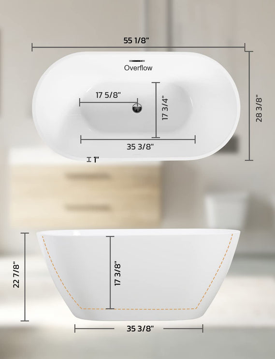 55" Sleek White Acrylic Freestanding Bathtub, Soaking Tub with Brushed Chrome Overflow and Drain