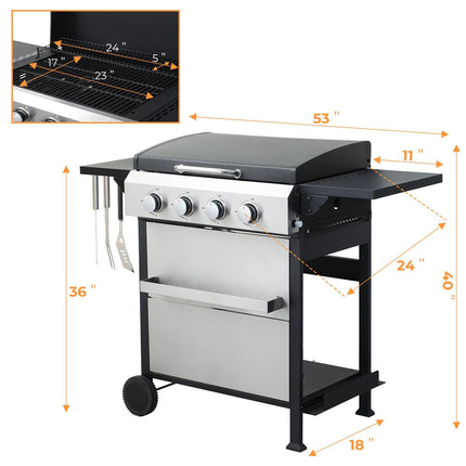4 Burner Propane Grill with Built-in Thermometer, Durable Lid, Wheels, Foldable Side Tables, Stainless Steel Grilling Pan, 49,200 BTU Gas Grill for Patio, Garden Barbecues