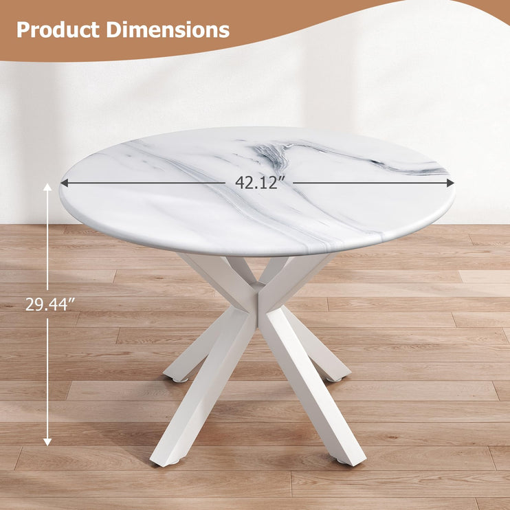 Round Dining Table, 42" Kitchen Dining Table for 4-6, Small Round Table with Metal Cross Legs, Modern Round Dining Room Table for Kitchen, Apartment, Living Room, White Marble