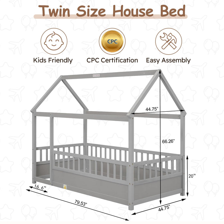 Twin House Bed for Kids, Wooden Montessori Bed with Fence and Roof for Toddlers, Kids Floor Bed Frame for Girls & Boys, Twin Grey