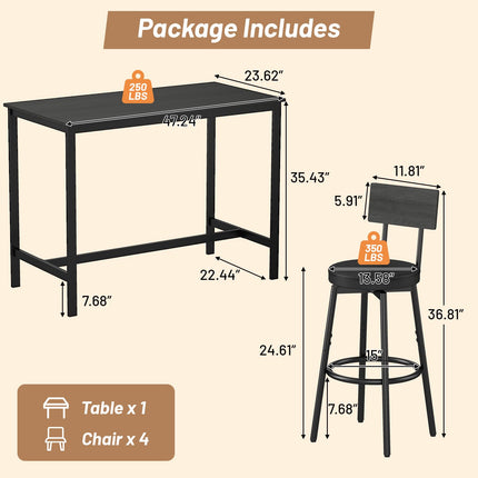 Dining Table Set for 4, 5-Piece Bar Table Set, Kitchen Table and Chairs, Counter Height High Top Table with 4 PU Upholstered Stools, Space-Saving Pub Tables Set for Small Space, Black