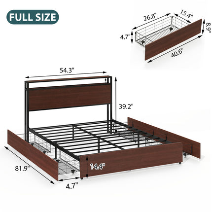 Full Size Bed Frame with 4 Storage Drawers, Full Platform Bed Frames with 2 Tier Storage Headboard, Charging Station, Adjustable LED Light, Noise-Free, No Box Spring Required, Reddish Brown