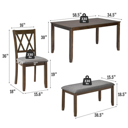 6-Piece Solid Wood Dining Table Set, Dining Table & Chair Set for 6, Including 1 Dining Table, 4 Upholstered Chairs and 1 Bench, Dining Table Set for Dining Room & Kitchen, Walnut
