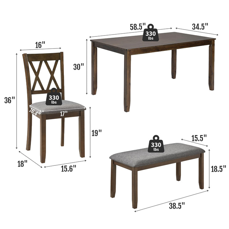 6-Piece Solid Wood Dining Table Set, Dining Table & Chair Set for 6, Including 1 Dining Table, 4 Upholstered Chairs and 1 Bench, Dining Table Set for Dining Room & Kitchen, Walnut