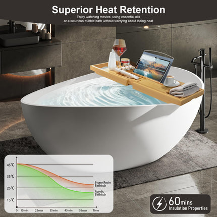 63 Inch Stone Resin Freestanding Bathtub, Modern Oval Soaking Bathtubs Tubs, Contemporary Solid Surface Bathtubs with Overflow and Pop-up Drain, Matte White