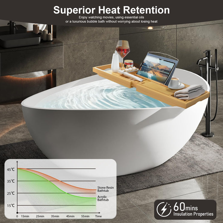 63 Inch Stone Resin Freestanding Bathtub, Modern Oval Soaking Bathtubs Tubs, Contemporary Solid Surface Bathtubs with Overflow and Pop-up Drain, Matte White
