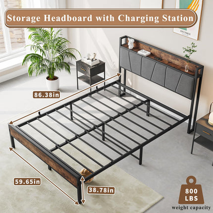 Queen Size Bed Frame with Headboard & Charging Station, Queen Upholstered Headboard with Storage Shelf, Heavy Duty Metal Platform Bed Frame, No Box Spring Needed, Easy Assembly