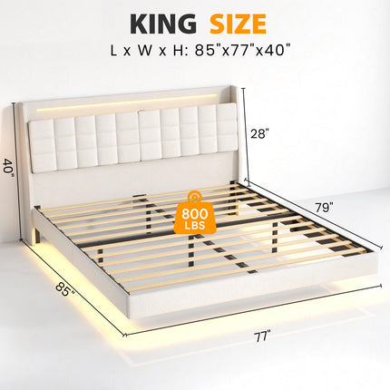 Floating King Bed Frame with Storage Headboard, Upholstered Platform Floating Bed Frame King with LED Lights, Charging Station with USB Ports, Noiseless, White