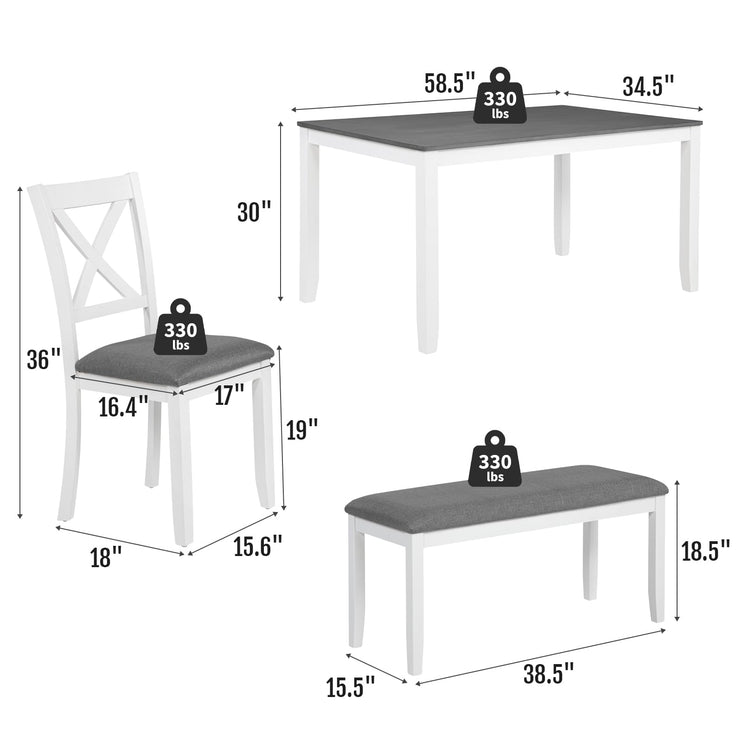 6-Piece Solid Wood Dining Table Set, Including 1 Dining Table, 4 Upholstered Chairs and 1 Bench, Wooden Legs Dining Table Set for Dining Room, Kitchen, Restaurant, White