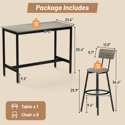 Dining Table Set for 6, 7-Piece Bar Table Set, Kitchen Table and Chairs, Counter Height High Top Table with 6 PU Upholstered Stools, Space-Saving Pub Tables Set for Small Space, Grey