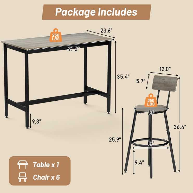 Dining Table Set for 6, 7-Piece Bar Table Set, Kitchen Table and Chairs, Counter Height High Top Table with 6 PU Upholstered Stools, Space-Saving Pub Tables Set for Small Space, Grey