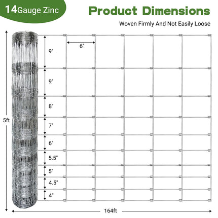 5ft x 164ft Galvanized Farm Fence, Cattle Fence, Hog Wire Fence Panels, Wire Fence Rolls, Heavy Duty Wire Mesh for Deer, Pig, Sheep Enclosure for Yard, Garden, Field Use-14 Gauge