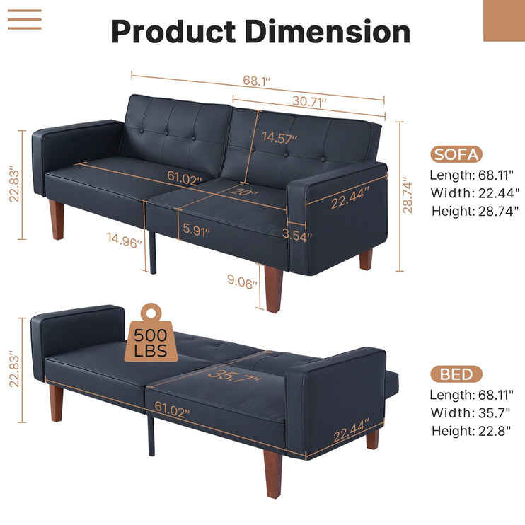 Futon Sofa Bed Futon Couch Loveseat, Convertible Recliner Lounge with Adjustable Backrest, Foam and Spring Cushions for Living Room Apartment Office, PU Leather, Matte Black