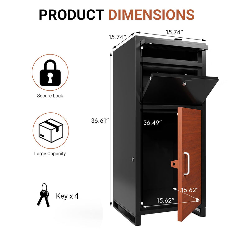 36.6'' Package Delivery Box for Outside, Anti-Theft Parcel Drop Box with Lock, Mail and Package Storage for Porch, Courtyard Entrance, Garage, or Apartment Door, Black and Brown
