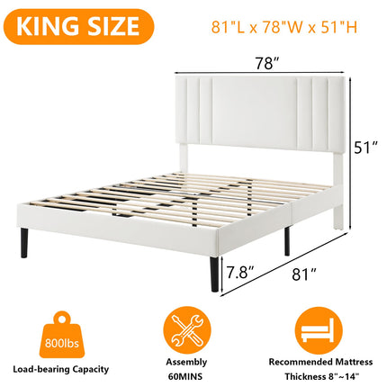 Upholstered Bed Frame King, PU Leather Upholstered Bed Frame with Headboard, Mattress Foundation with Sturdy Wooden Slats, No Box Spring Needed, No Noise, White