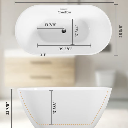 63" Acrylic Freestanding Bathtub, Glossy White Contemporary Soaking Tub with Toe-Tap Chrome Drain, Integrated Slotted Brushed Nickel Overflow, 61 Gal cUPC Certified Tub
