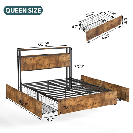 Queen Bed Frame with 4 Storage Drawers, Wooden Headboard with Charging Station & Adjustable LED Lights, Large Under-Bed Space, Queen Metal Platform Bed Base, No Box Spring Needed, Brown